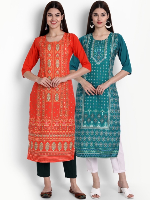 

Ethnic basket Women Set Of 2 Orange & Teal Ethnic Motifs Printed Crepe Kurta