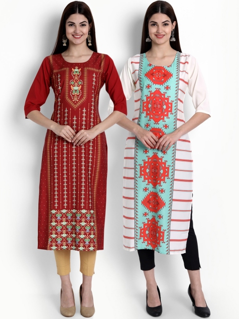 

Ethnic basket Women Pack Of 2 Red & White Ethnic Motifs Printed Crepe Kurta