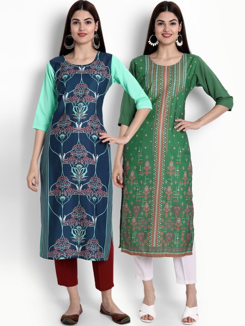 

Ethnic basket Women Pack Of 2 Navy Blue & Green Ethnic Motifs Printed Crepe Kurta