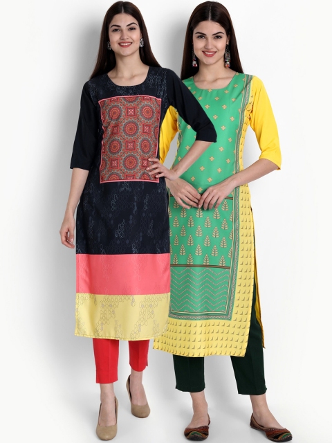 

Ethnic basket Women Pack of 2 Digital Printed Straight Kurtas, Black