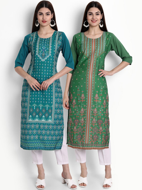 

Ethnic basket Women Pack of 2 Digital Printed Straight Kurtas, Teal