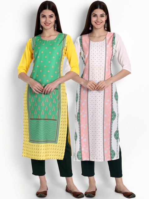 

Ethnic basket Women Pack of 2 Green & White Geometric Printed Crepe Kurtas