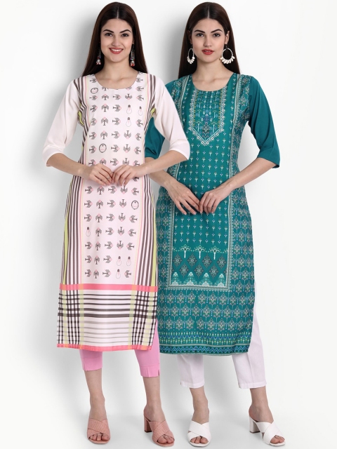 

Ethnic basket Women Pink & Sea Green Ethnic Motifs Printed Crepe Kurta Set Of 2