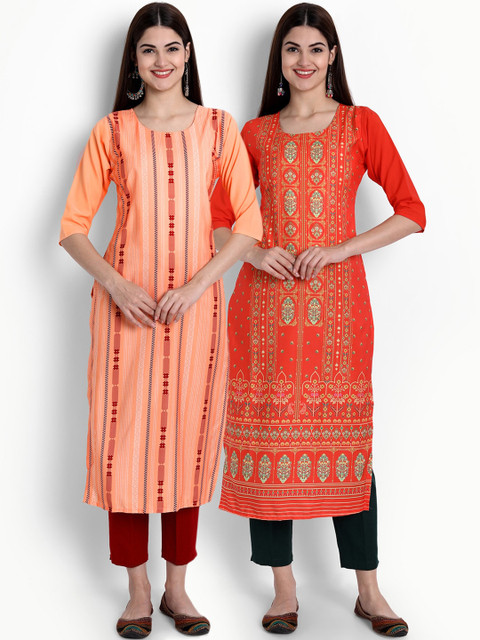 

Ethnic basket Women Pack of 2 Peach-Coloured & Orange Ethnic Motifs Printed Crepe Kurtas