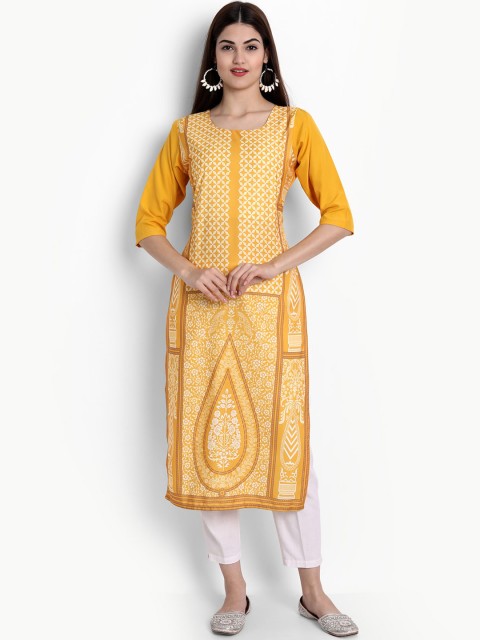 

Ethnic basket Women Yellow & Blue Ethnic Motifs Printed Crepe Kurta