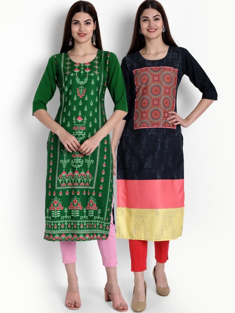 

Ethnic basket Women Pack of 2 Ethnic Motifs Printed Crepe Kurta, Green