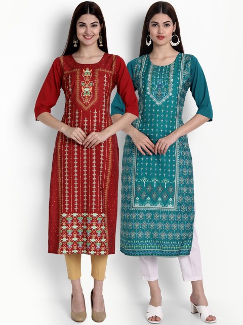 

Ethnic basket Women Pack of 2 Digital Printed Straight Kurtas, Maroon