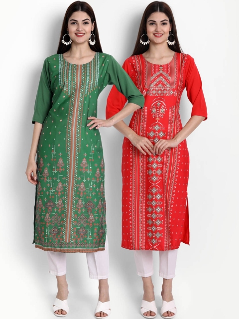 

Ethnic basket Women Pack of 2 Green & Orange Ethnic Motifs Printed Crepe Kurtas