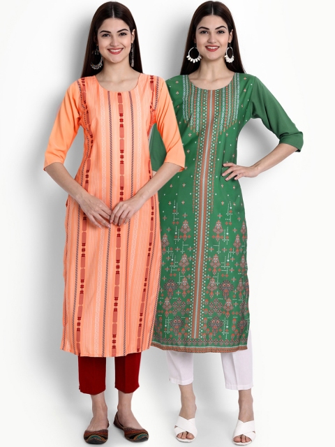 

Ethnic basket Women Pack of 2 Digital Printed Straight Kurtas, Peach
