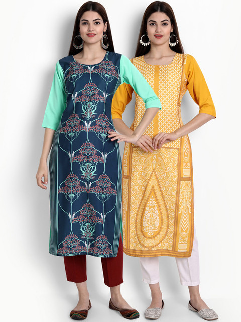 

Ethnic basket Women Pack of 2 Ethnic Motifs Printed Crepe Kurta, Blue