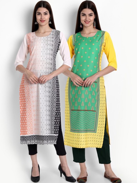 

Ethnic basket Women Pack of 2 White & Green Geometric Printed Crepe Kurtas