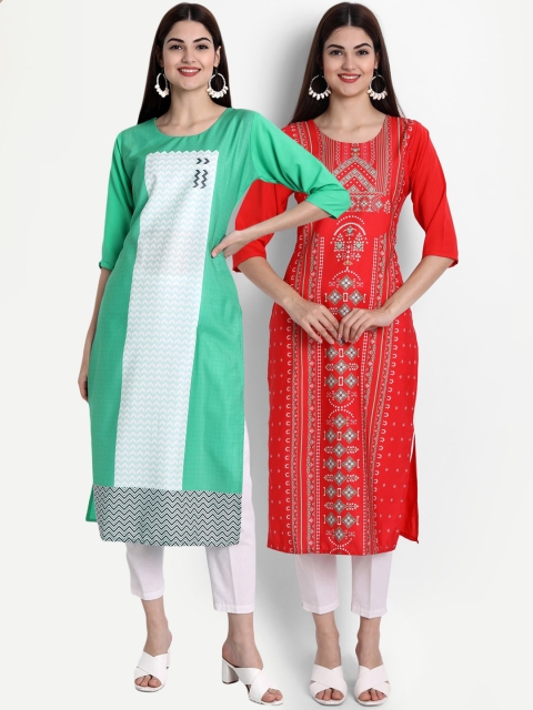 

Ethnic basket Women Green & Red Ethnic Motifs Printed Crepe Kurta Set Of 2