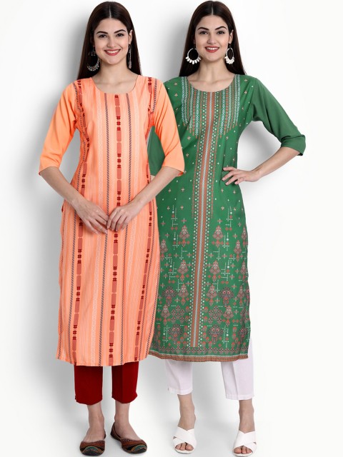 

Ethnic basket Pack of 2 Women Peach-Coloured & Green Ethnic Motifs Printed Crepe Kurta