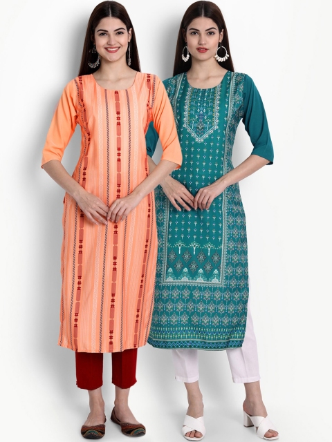 

Ethnic basket Women Pack of 2 rinted Flared Sleeves Crepe Kurta, Orange