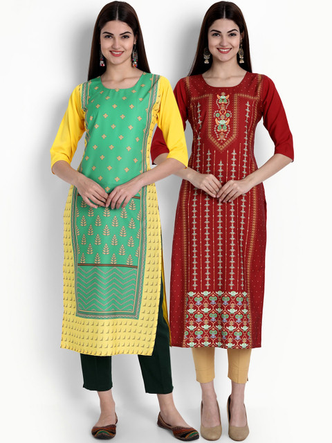 

Ethnic basket Women Yellow & Maroon Ethnic Motifs Printed Crepe Kurta