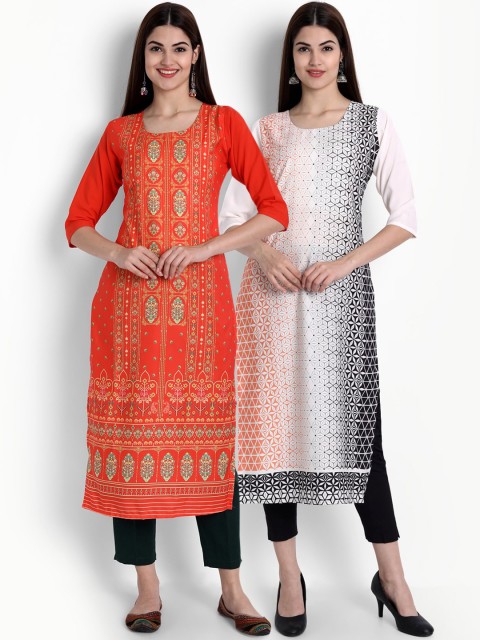 

Ethnic basket Women Pack of 2 Red & White Ethnic Motifs Printed Crepe Kurtas