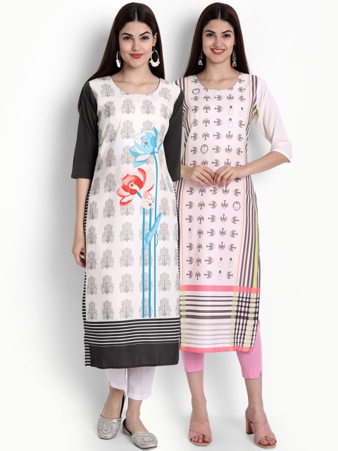 

Ethnic basket Women Set Of 2 White & Black Floral Printed Crepe Kurta