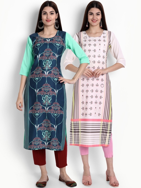 

Ethnic basket Women Green & White Ethnic Motifs Printed Crepe Kurta Set Of 2
