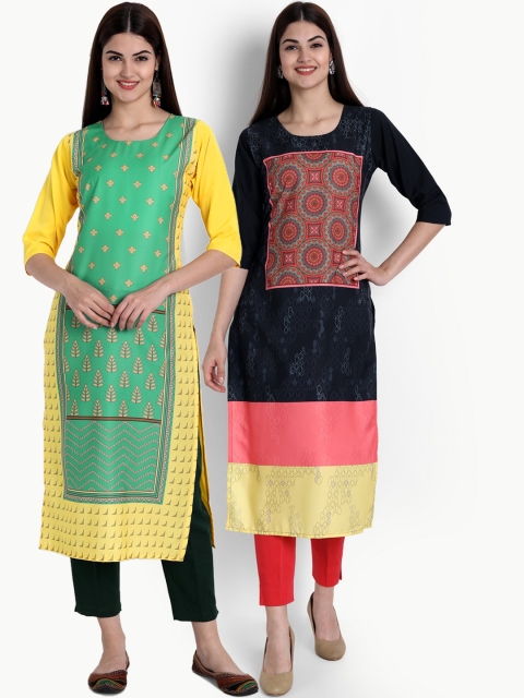 

Ethnic basket Women Pack Of 2 Green & Navy Blue Ethnic Motifs Printed Crepe Kurta