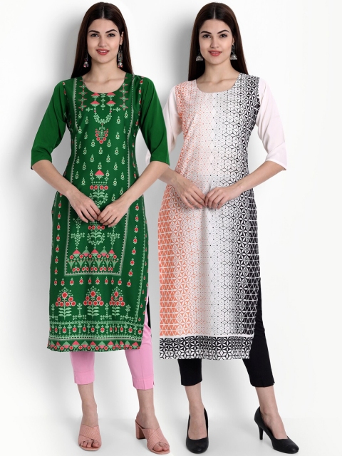 

Ethnic basket Women Pack Of 2 White & Green Ethnic Motifs Printed Crepe Kurta