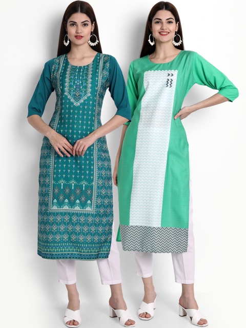 

Ethnic basket Women Pack of 2 Printed Crepe Kurta, Green