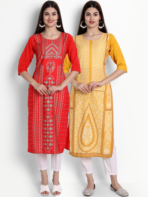 

Ethnic basket Pack of 2 Women Yellow & Red Ethnic Motifs Printed Crepe Kurta