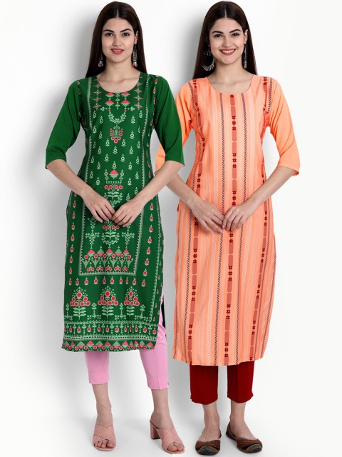 

Ethnic basket Women Pack Of 2 reen & Orange Ethnic Motifs Printed Crepe Kurta, Green