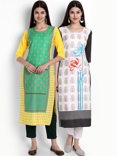

Ethnic basket Women Yellow & Black Ethnic Motifs Printed Crepe Kurta Pack Of 2
