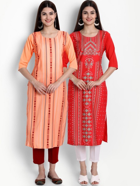 

Ethnic basket Women Pack of 2 Printed Crepe Kurta, Red
