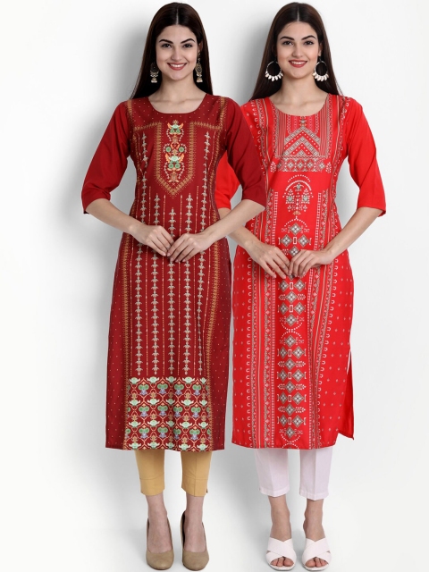 

Ethnic basket Women Pack of 2 Ethnic Motifs Printed Crepe Kurta, Maroon
