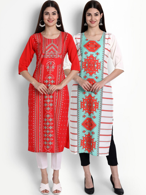 

Ethnic basket Women Pack Of 2 Red & White Ethnic Motifs Printed Crepe Kurta