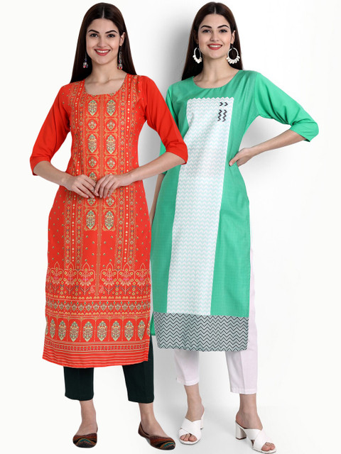 

Ethnic basket Women Pack of 2 Green & Orange Ethnic Motifs Printed Crepe Kurta