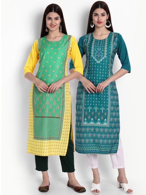 

Ethnic basket Women Set Of 2 Yellow & Green Ethnic Motifs Printed Crepe Kurta