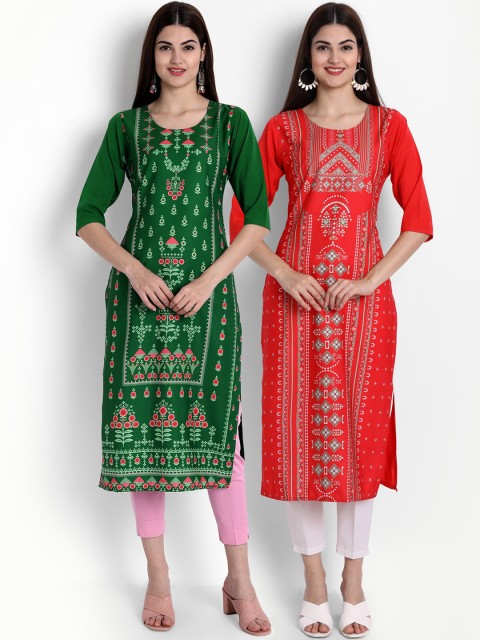 

Ethnic basket Women Multicoloured Printed Thread Work Crepe Kurta, Multi