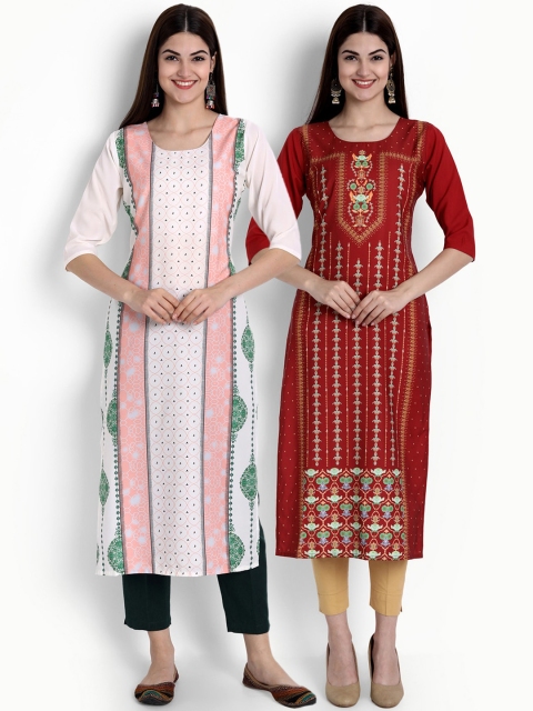 

Ethnic basket Women Set Of 2 White & Red Ethnic Motifs Printed Crepe Kurta