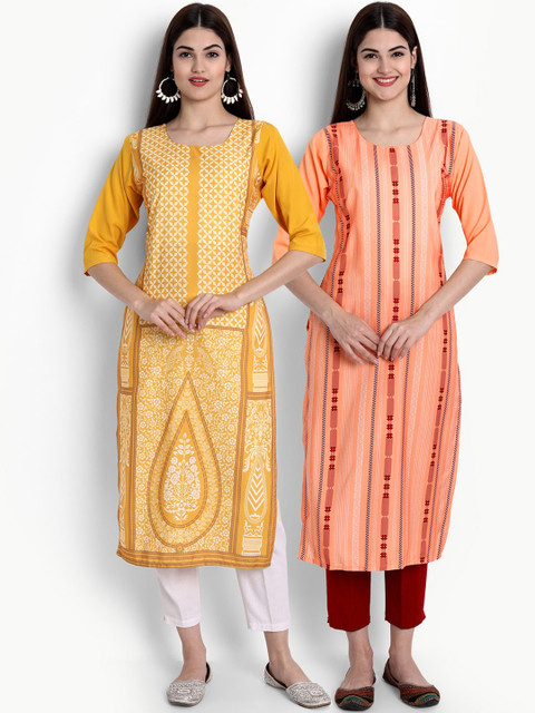 

Ethnic basket Women Pack of 2 Yellow & Peach-Coloured Ethnic Motifs Printed Crepe Kurta