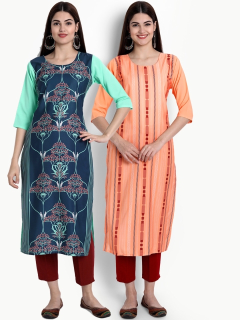 

Ethnic basket Women Pack of 2 Blue & Peach-Coloured Ethnic Motifs Printed Crepe Kurta