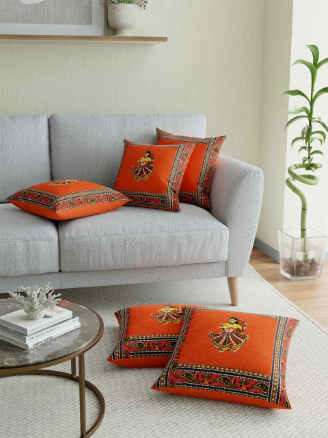 

JAIPUR FABRIC Orange & Yellow Set of 5 Ethnic Motifs Square Cushion Covers