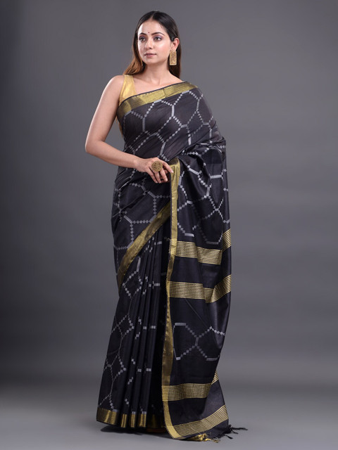 

Mitera Black & Silver-Toned Woven Design Zari Silk Cotton Bhagalpuri Saree
