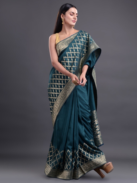 

Mitera Teal & Gold-Toned Ethnic Motifs Zari Pure Silk Saree