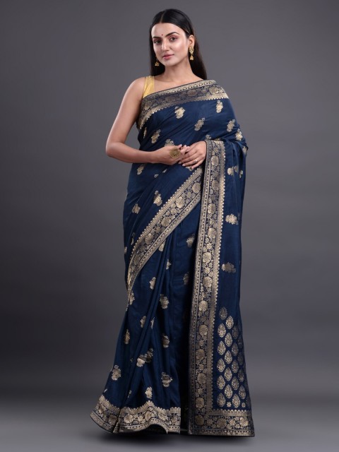 

Mitera Blue & Golden Floral Zari Pure Silk Saree