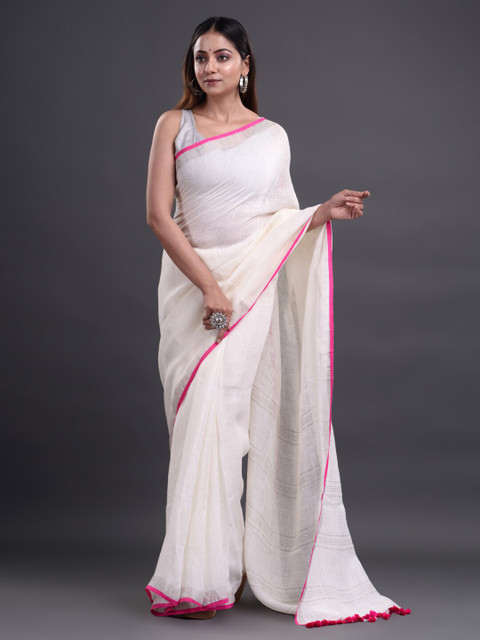 

Mitera White & Pink Pure Linen Saree