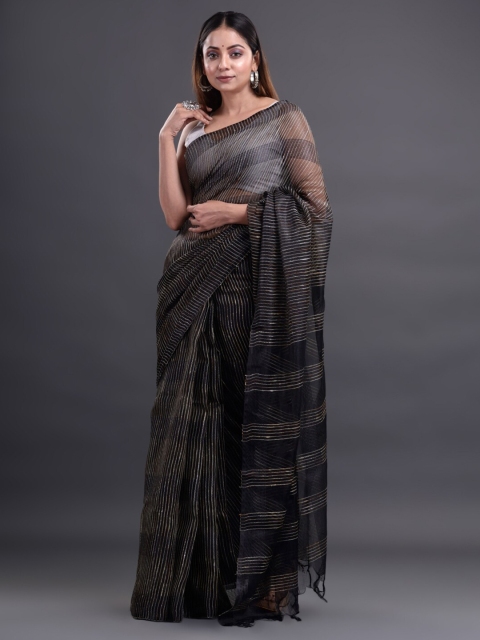 

Mitera Black & Golden Striped Zari Silk Cotton Bhagalpuri Saree