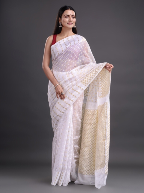 

Mitera White & Gold-Toned Ethnic Motifs Pure Cotton Jamdani Saree