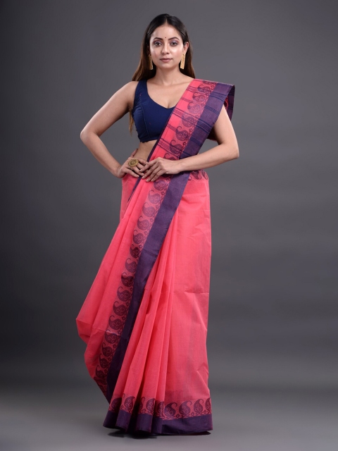 

Mitera Coral & Blue Woven Design Pure Cotton Taant Saree