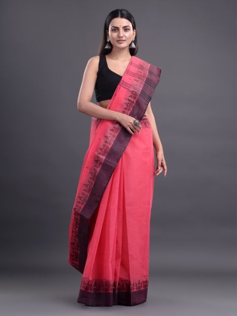 

Mitera Pink & Black Woven Design Pure Cotton Taant Saree
