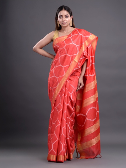 

Mitera Red & Silver-Toned Woven Design Zari Silk Cotton Bhagalpuri Saree