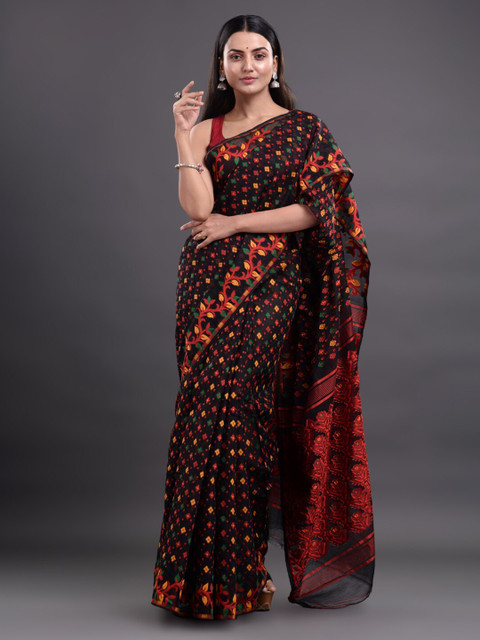 

Mitera Black & Red Ethnic Motifs Pure Cotton Jamdani Saree