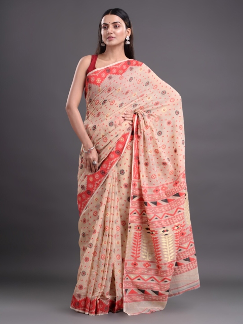 

Mitera Beige & Red Woven Design Pure Cotton Jamdani Saree