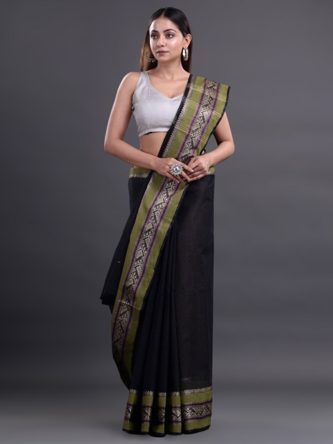 

Mitera Black & Olive Green Woven Design Zari Pure Cotton Taant Saree